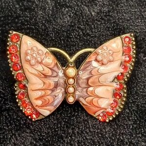 5$ Vintage Poured Glass Butterfly Brooch Handmade Rhinestones Pearls